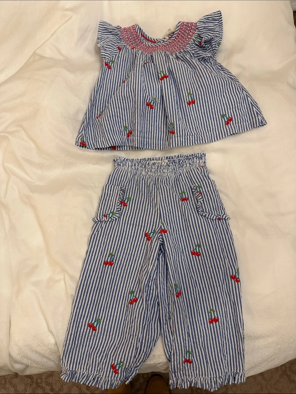 Mini Boden Blue & White Seersucker Striped Cherry Set with Ruffle Detail